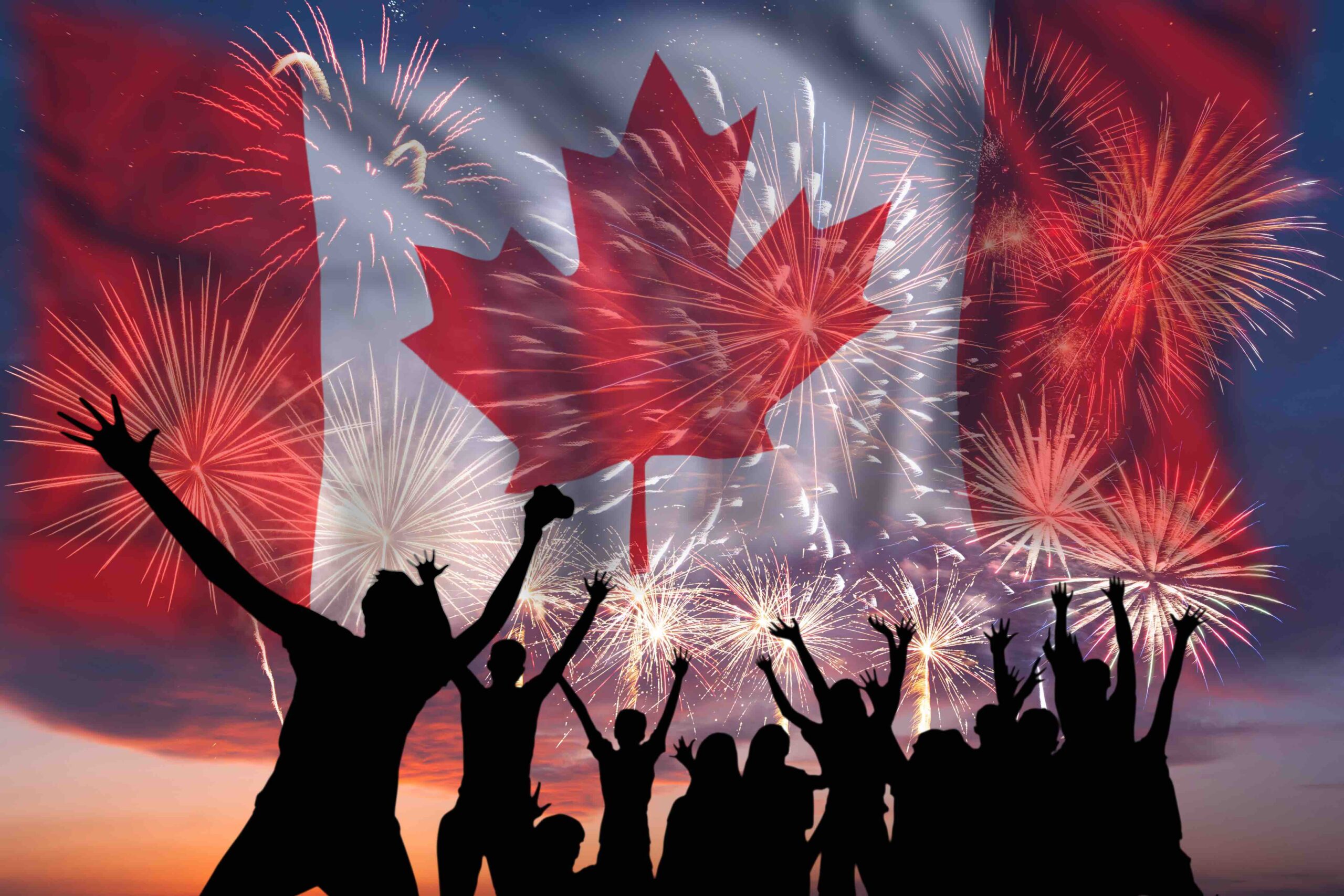 People looks holiday fireworks on independence day, flag of Canada in sky, background and banner